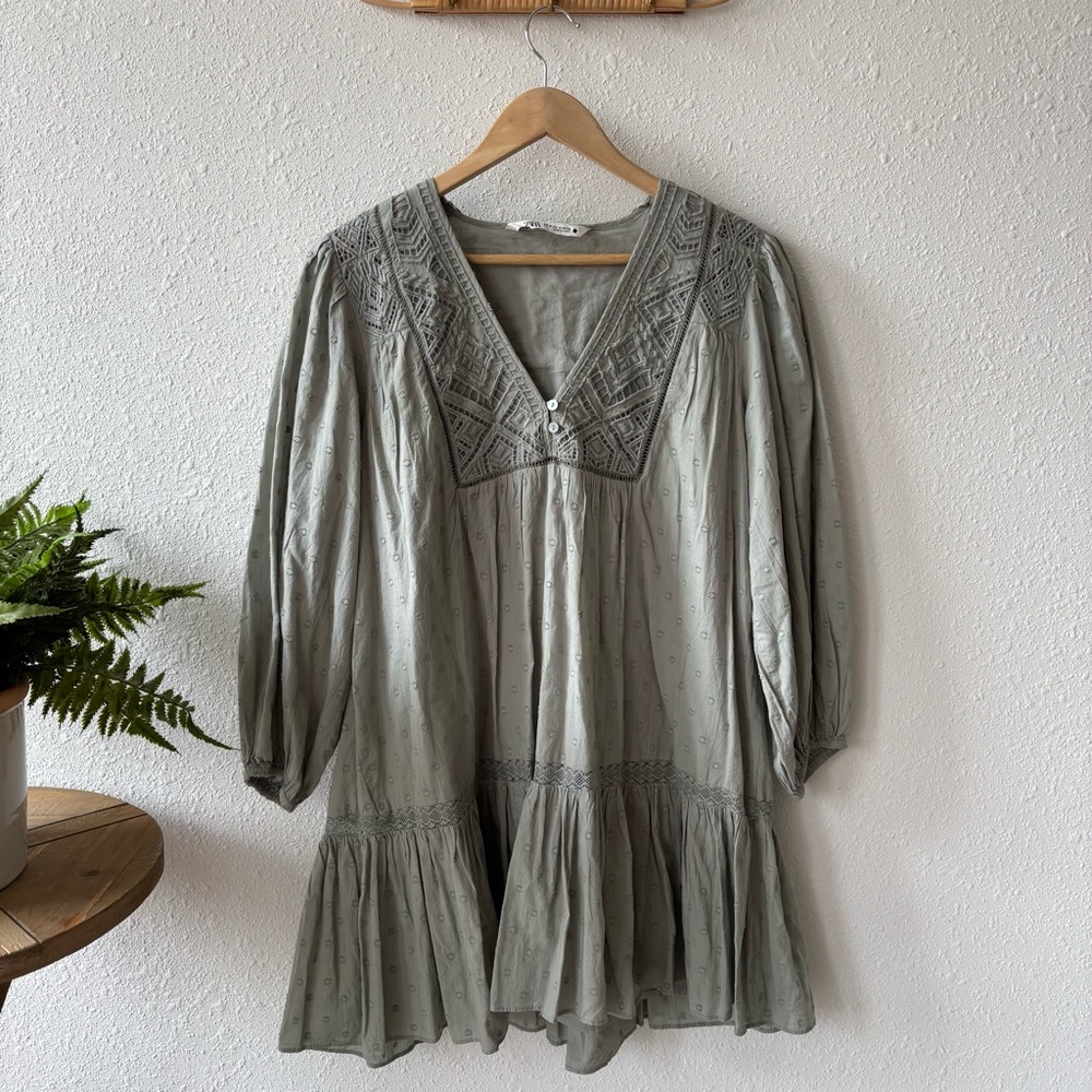 Zara - Embroidered Tunic Dress - Sage Green Cotton Blend - Size M